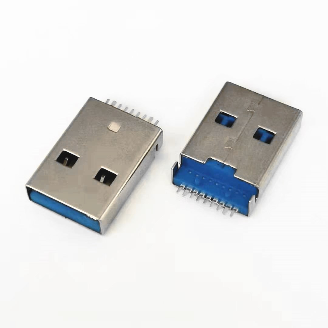 USB 3.0 9P沉板SMT公头 沉板1.9MM 有柱 直脚 180度贴板SMT 蓝胶