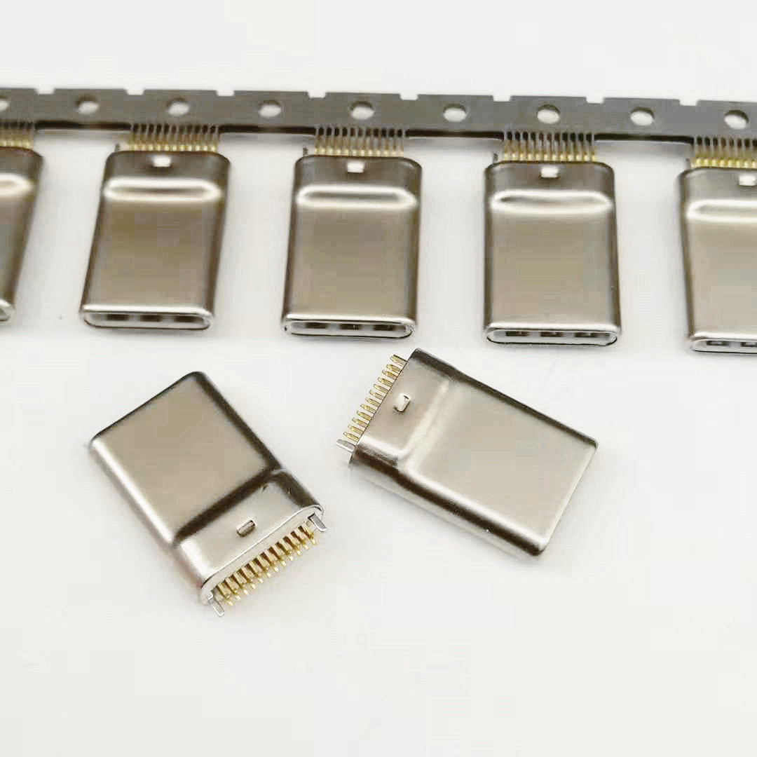 USB 3.1 TYPE-C 拉伸公头 夹板0.8 无缝公头 24PIN满PIN 带接地脚 L=10.8 黑胶
