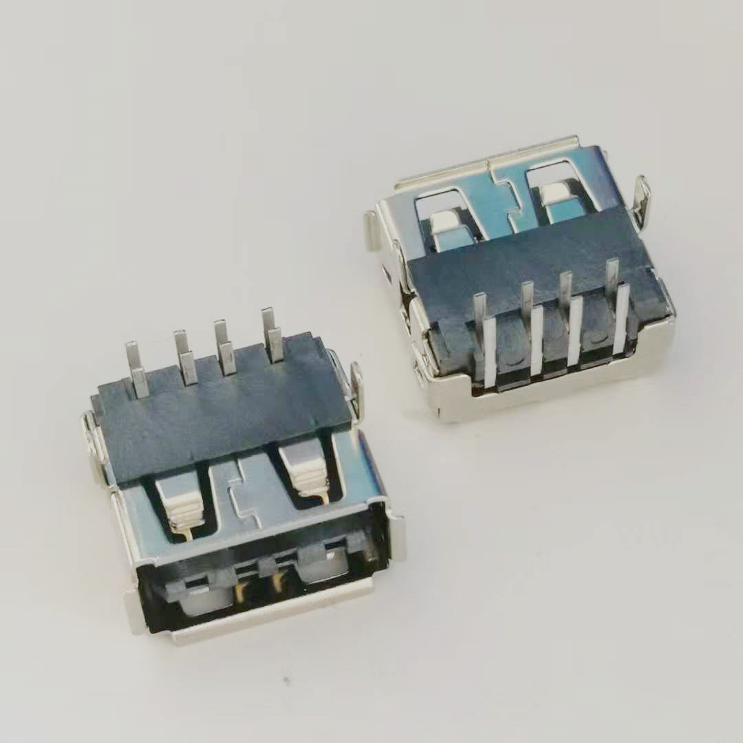 A母 USB 2.0母座 8PIN 双面插 90度两脚插板DIP 带垫片 卷边 黑色胶芯