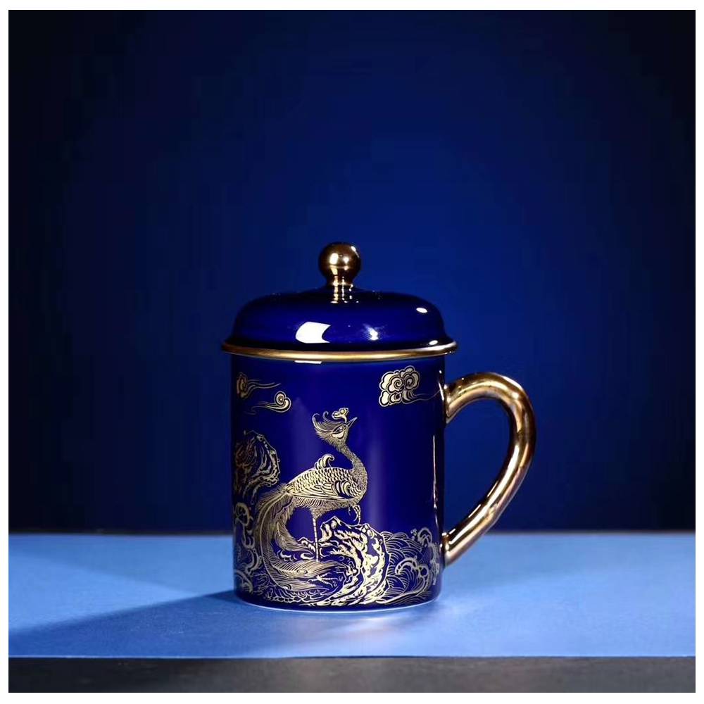 定制金手柄陶瓷茶杯霁蓝精美办公商务盖杯