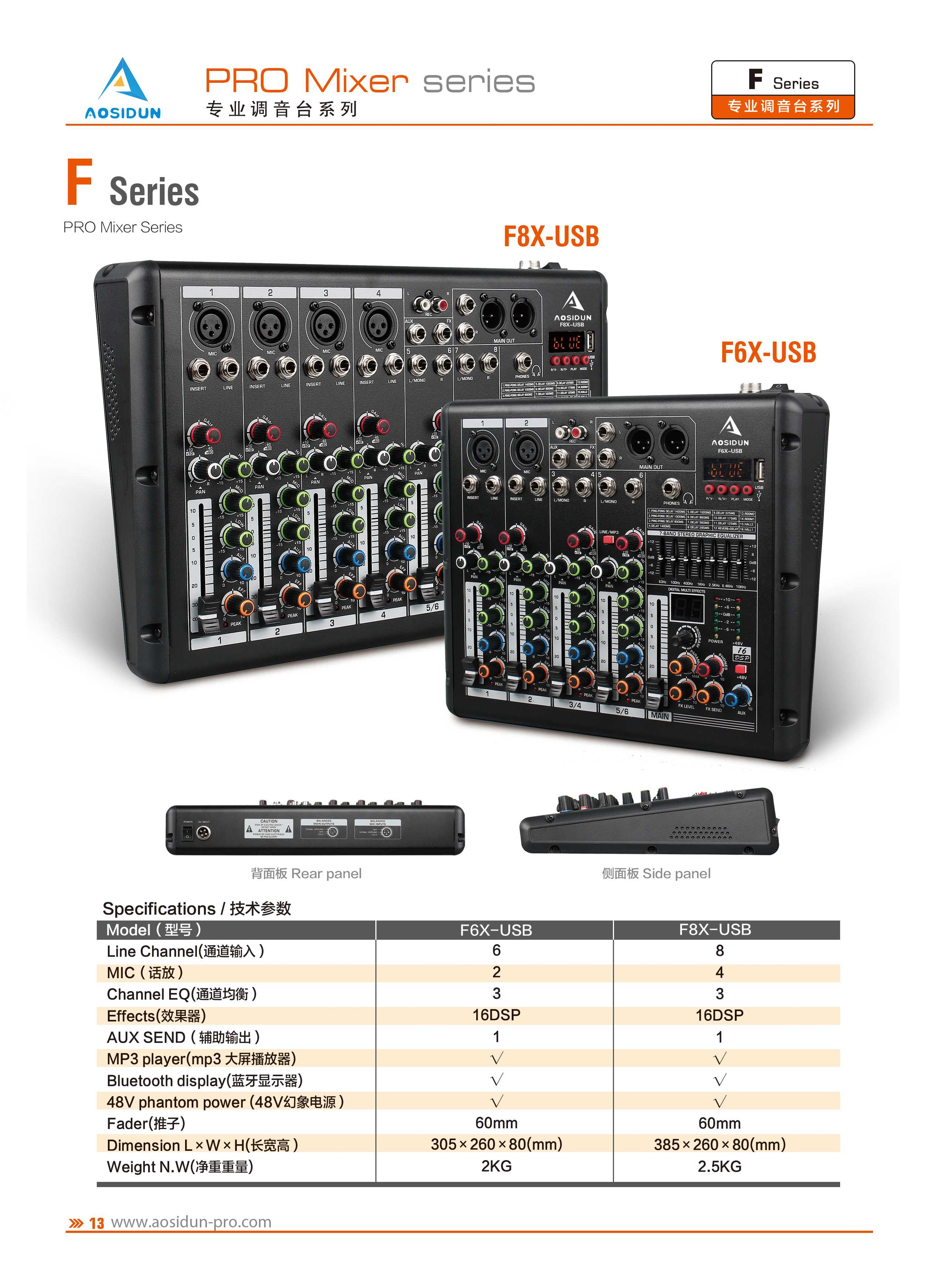 本厂直销推出F6X-USB/F8X-USB系列提供6/8路通道输入调音台