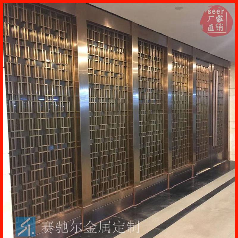 中国台湾酒店背景墙玫瑰金屏风格栅定做 别墅餐厅不锈钢红酒柜厂家安装