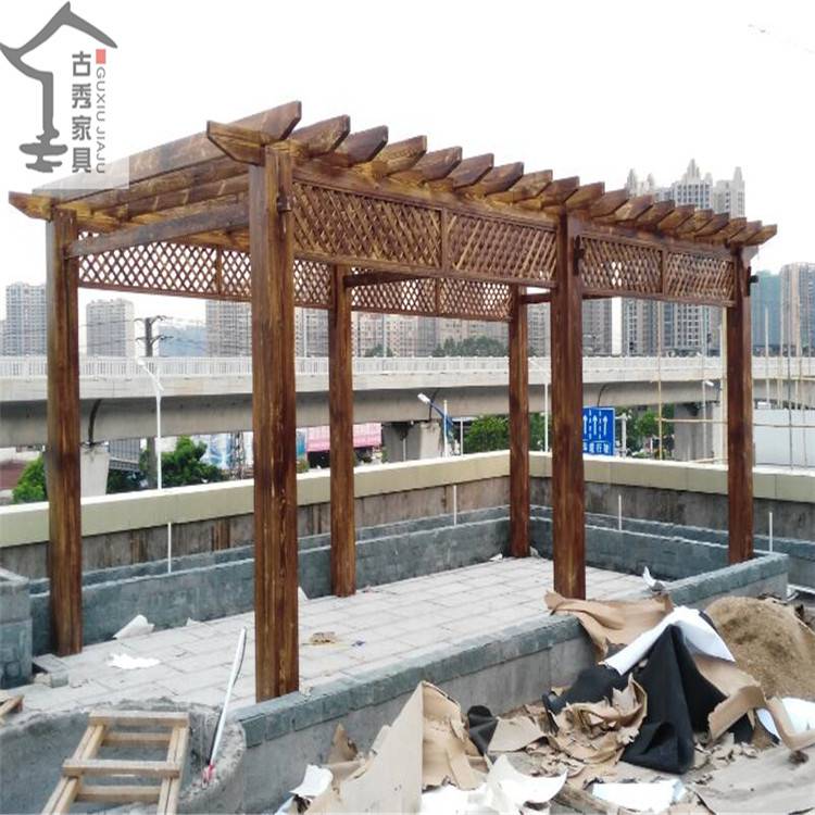 广州别墅防腐木花架 防雨防晒廊架 中式仿古木架安装