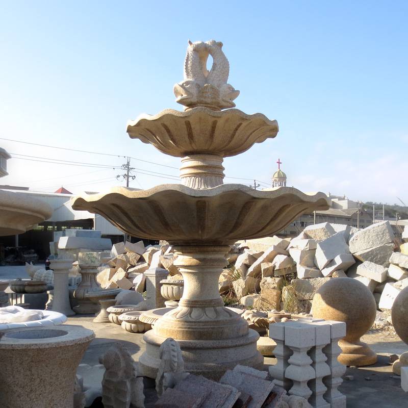 惠安厂家供应石雕喷泉黄锈石水钵小区石材跌水三层花岗岩欧式流水