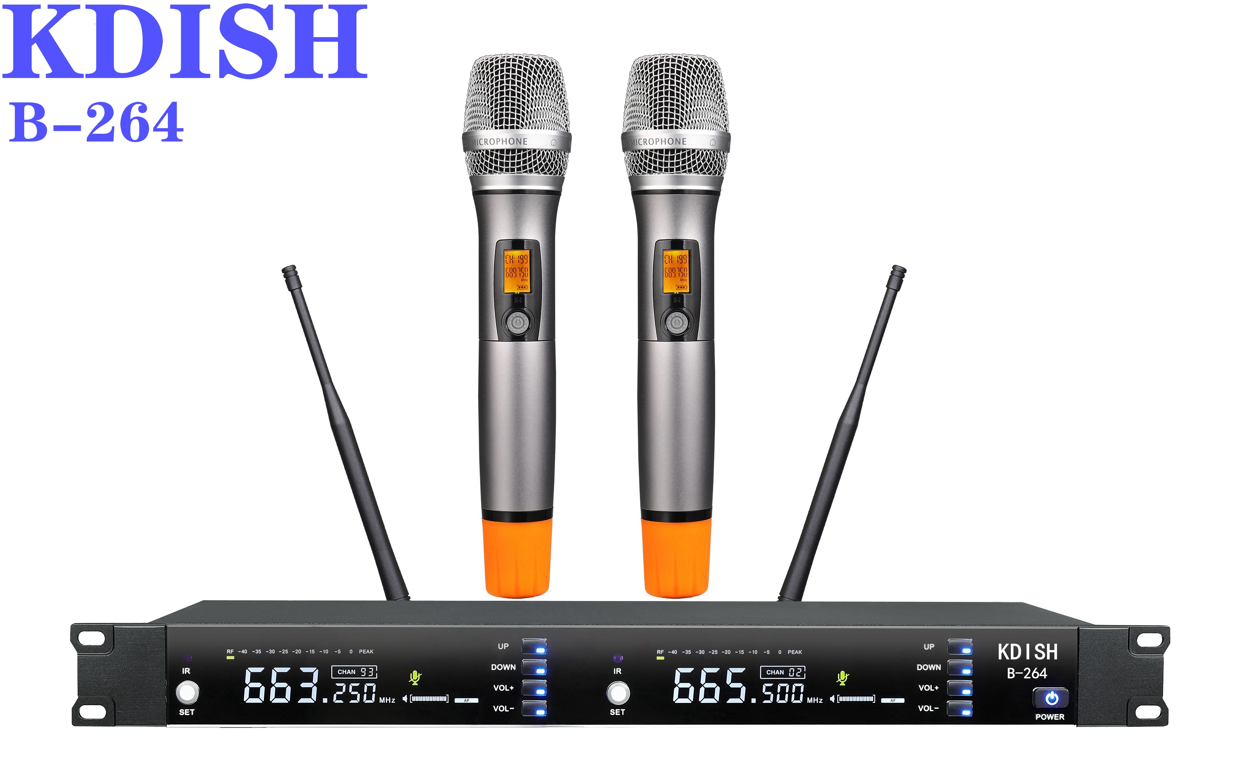 KDISH B-264专业无线话筒一拖二KTV、家庭卡拉OK、舞台婚庆主持可调频金属手持话筒