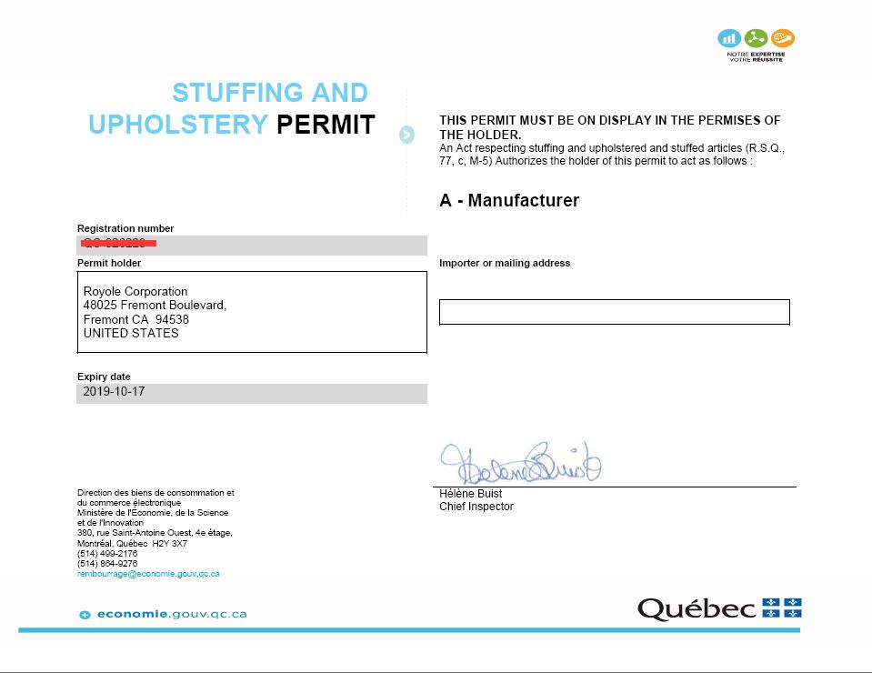 Quebec填充物注册