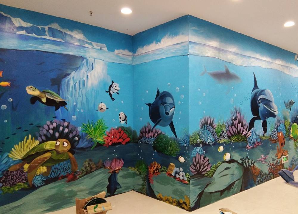海底世界海洋館手繪墻繪墻面繪畫涂鴉藝術 尺寸定制圖案定制 裝飾空間