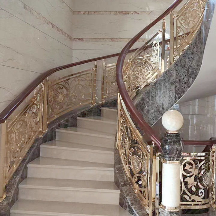 阳江玫瑰金铜艺护栏 酒店楼梯扶手旋转款式图片欣赏