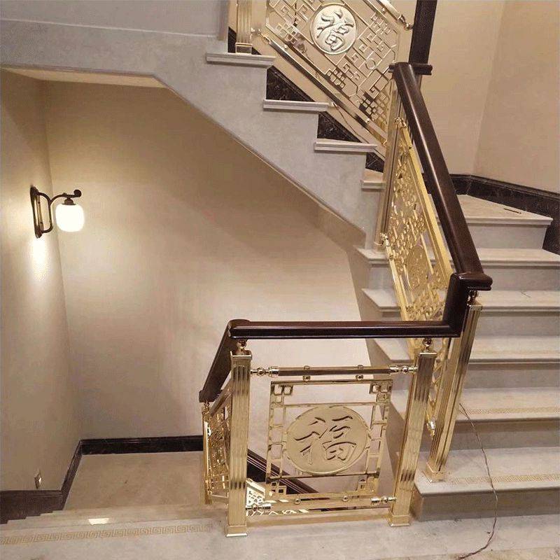 k金铜楼梯轻奢风图案铜艺雕刻扶手家用款式好美