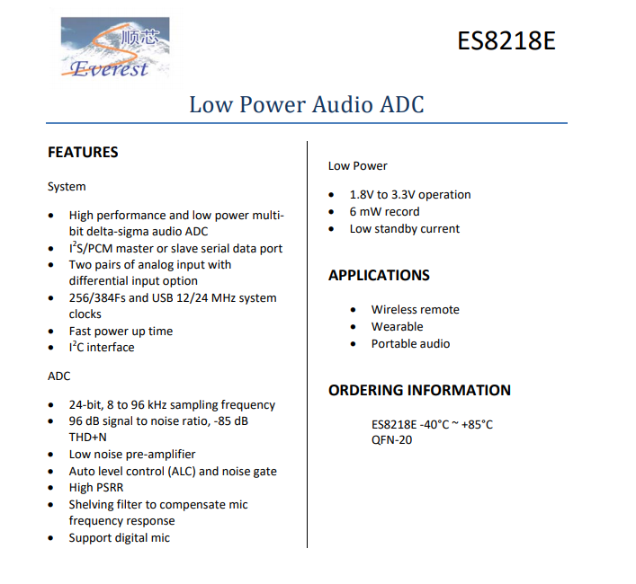 ES8311应用模拟和数字麦克风低功率1.8V至3.3V操作14mw播放