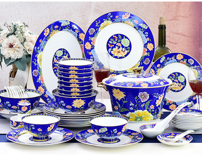 碗碟套装唐山骨瓷家用中式珐琅彩碗盘组合五彩珊瑚48头餐具套装