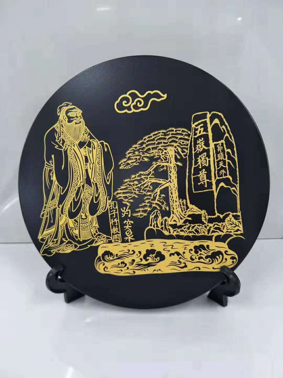 山东龙山黑陶孔子像彩陶看盘中国风特色文化工艺礼品摆件