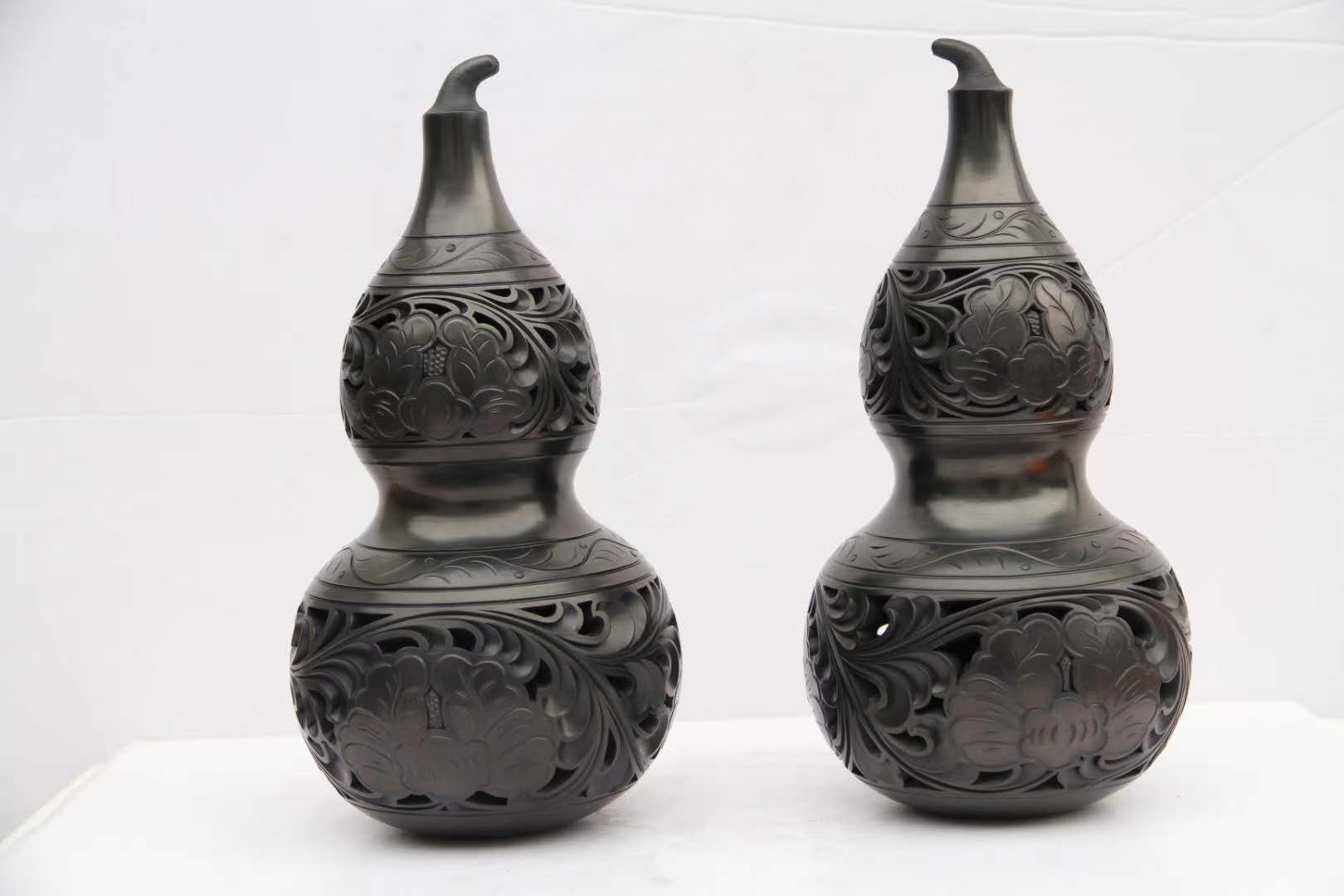 黑陶对宝葫芦瓶纯手工陶瓷工艺礼品摆件伴手礼送客户