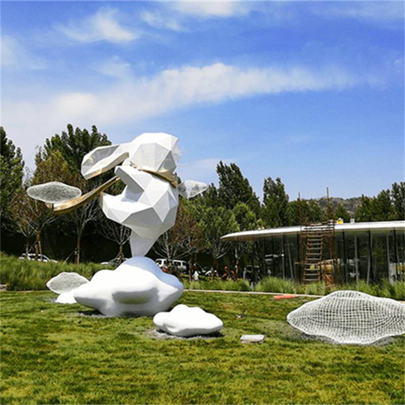 不锈钢云朵兔子雕塑 几何切面兔子动物雕塑户外草坪广场摆件