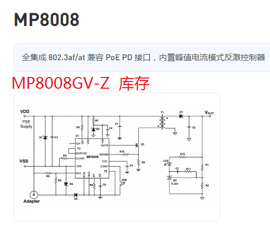 MP8008GV-Z美國芯源MPS 全集成 802.3af at 兼容 PoE PD 接口，內置峰值電流模式反激控制器