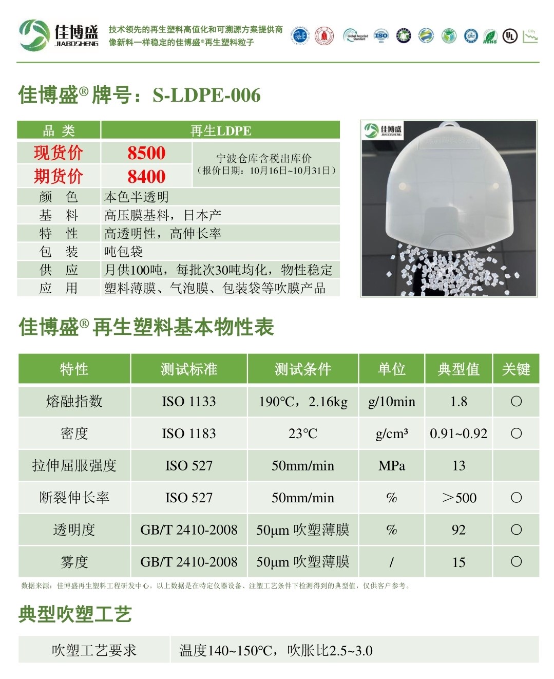 S-LDPE-006:本色半透明一级LDPE再生颗粒,吹膜颗粒