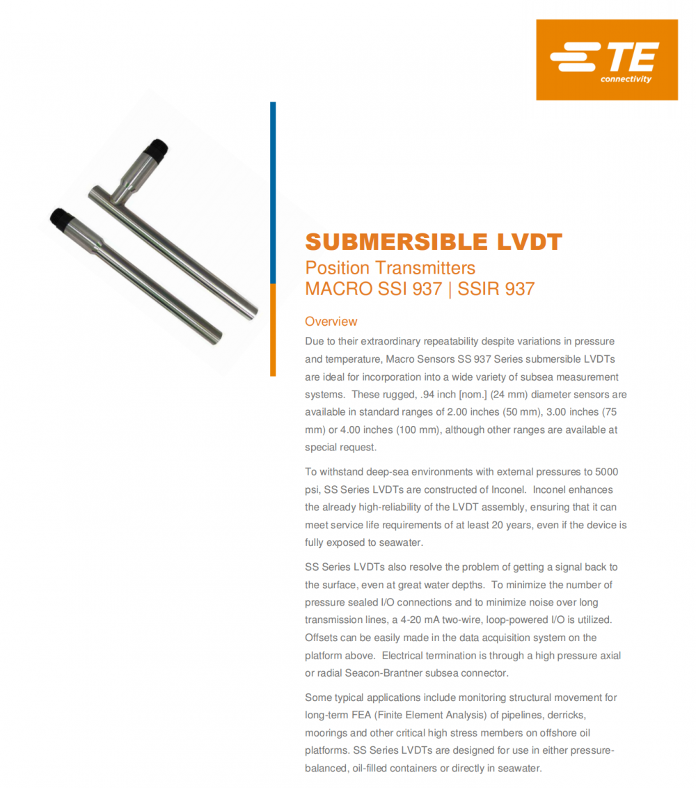 供应美国Macro SSI937耐高压高温用于海底测量系统的LVDT位移传感器