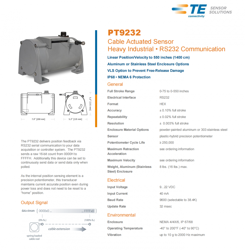 供应德国CELESCO PT9232拉绳位移传感器通过RS232串行通信反馈给数据采集或控制器