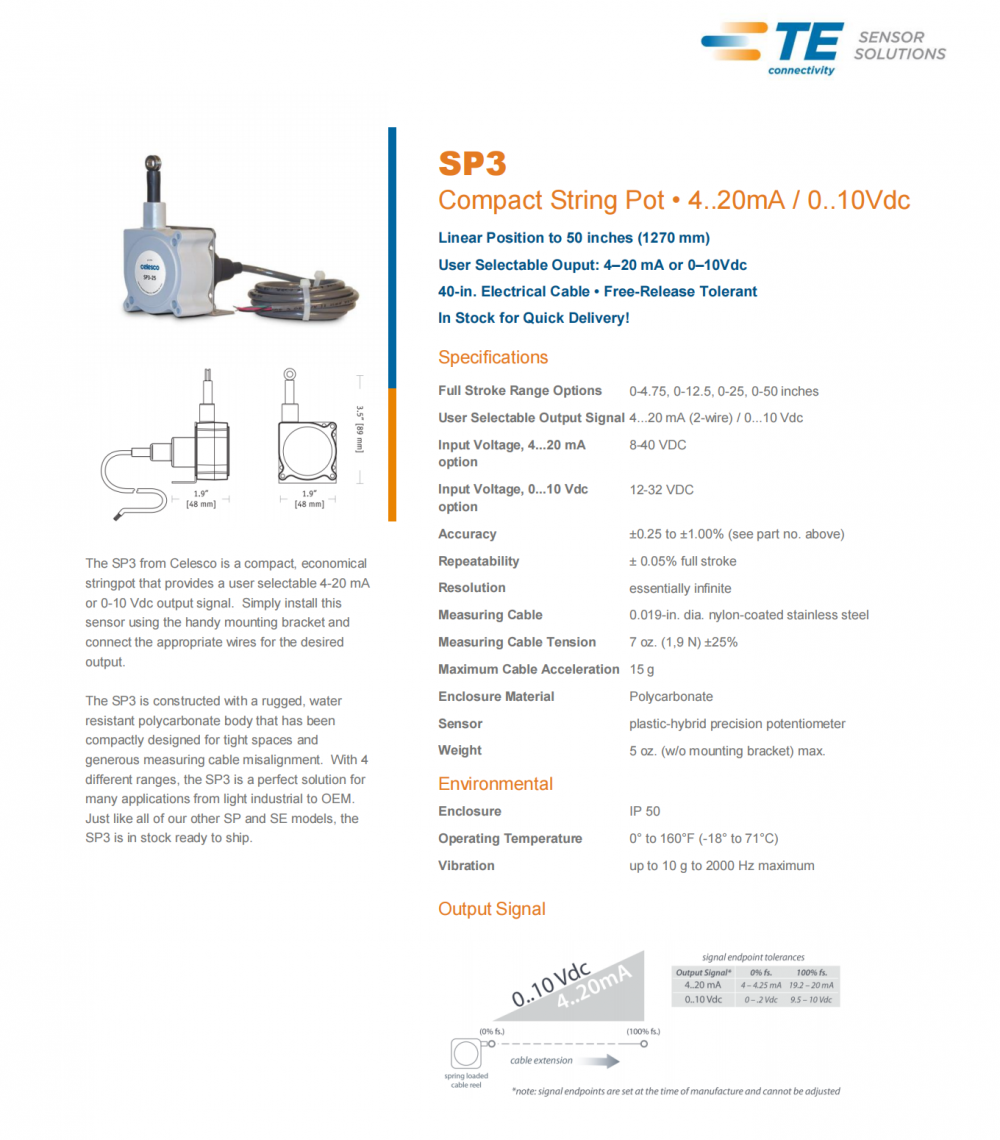 供应德国CELESCO SP3是一款紧凑经济型,4个量程可供选择的拉绳位移传感器