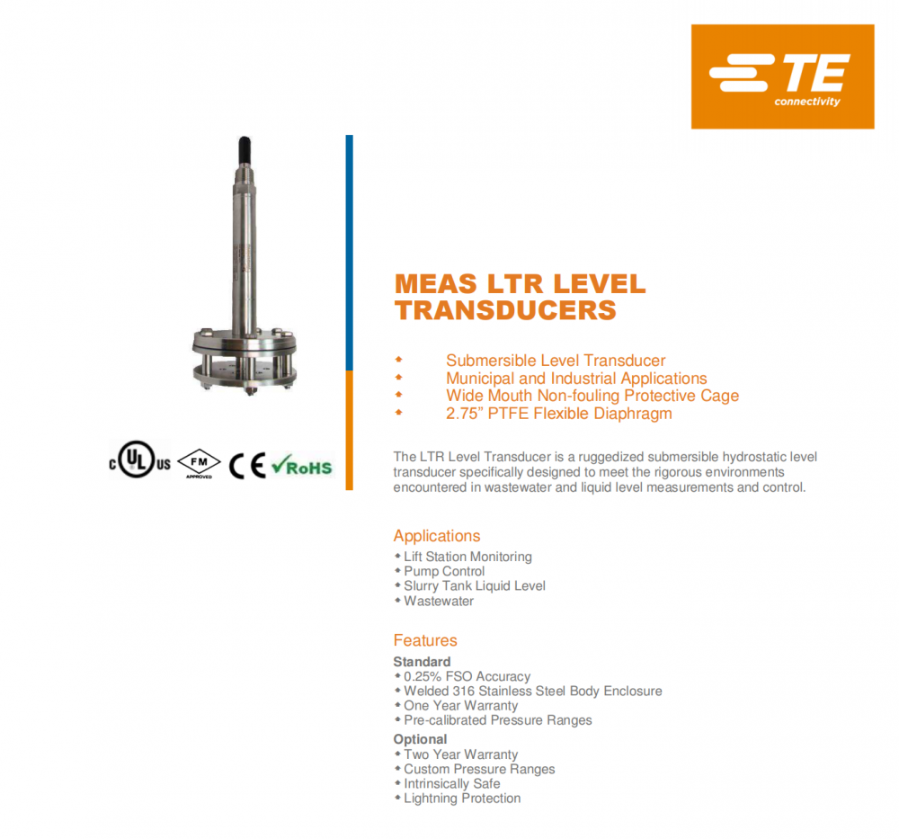 供应美国MEAS LTR 投入式液位传感器具有可选的避雷防护功能