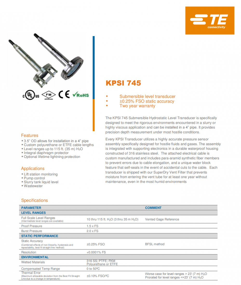 供应美国MEAS KPSI 745 投入式液位变送器**于高粘度悬浮液的应用