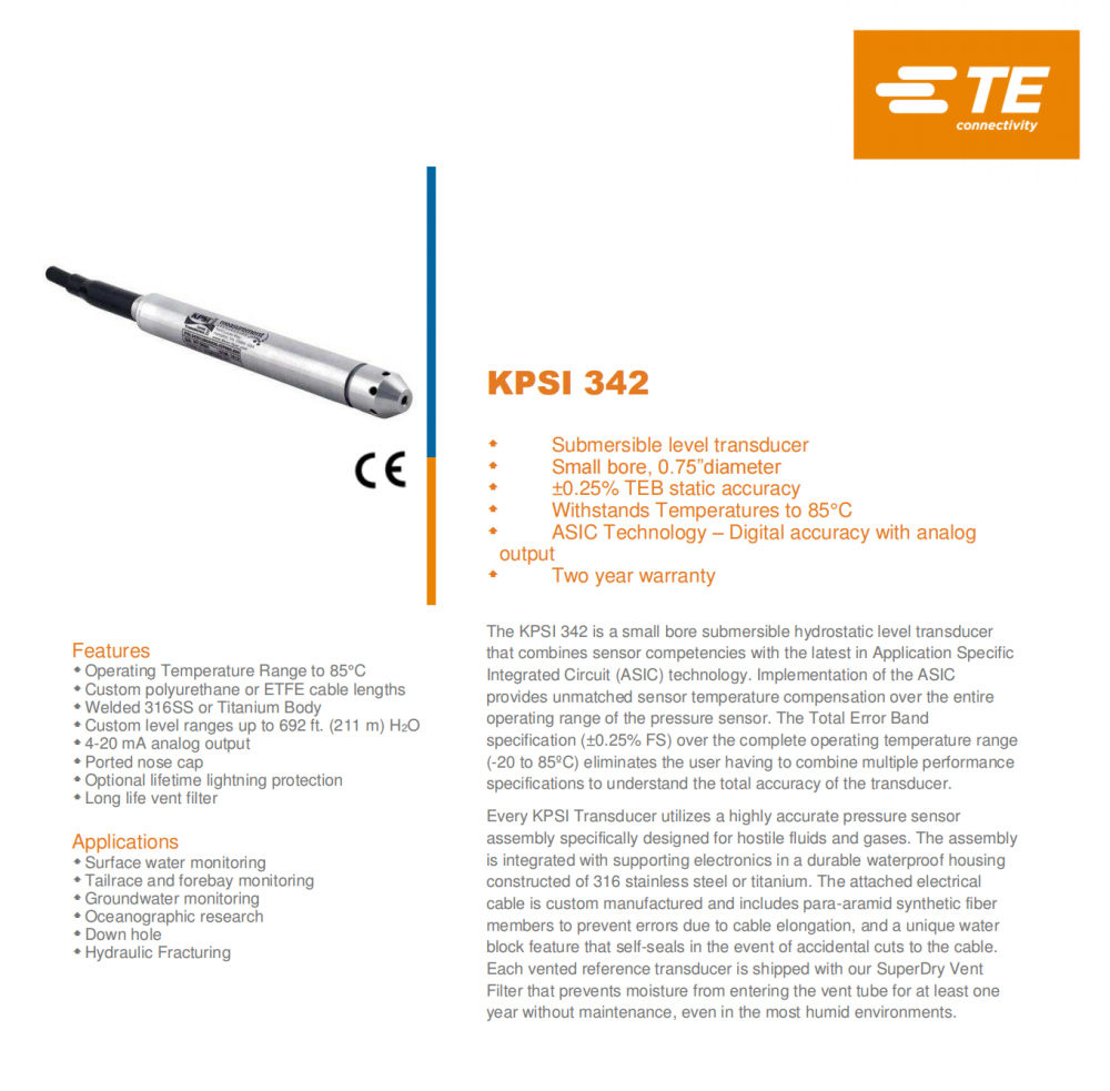 供应美国MEAS KPSI 342 是一款小孔地下水位传感器专门为有害流体和气体设计的组件