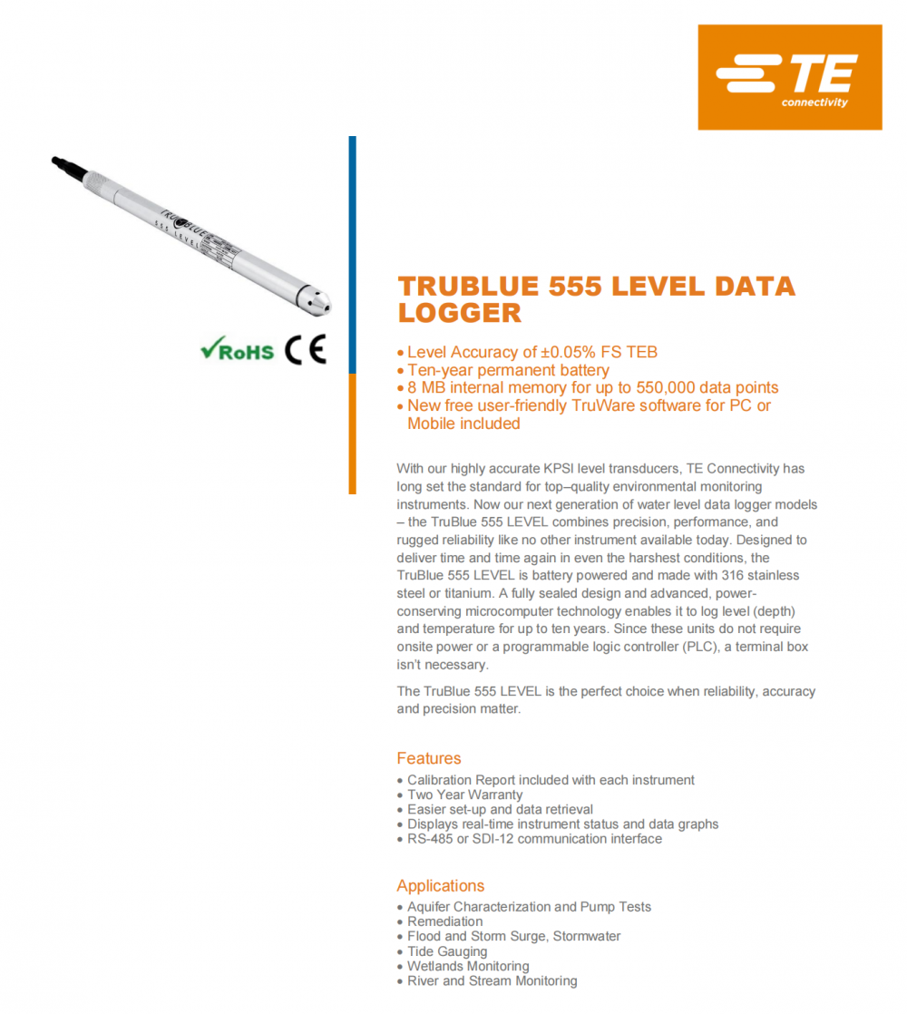 供应美国MEAS TruBlue 555水位传感器，显示实时仪器状态和数据图表