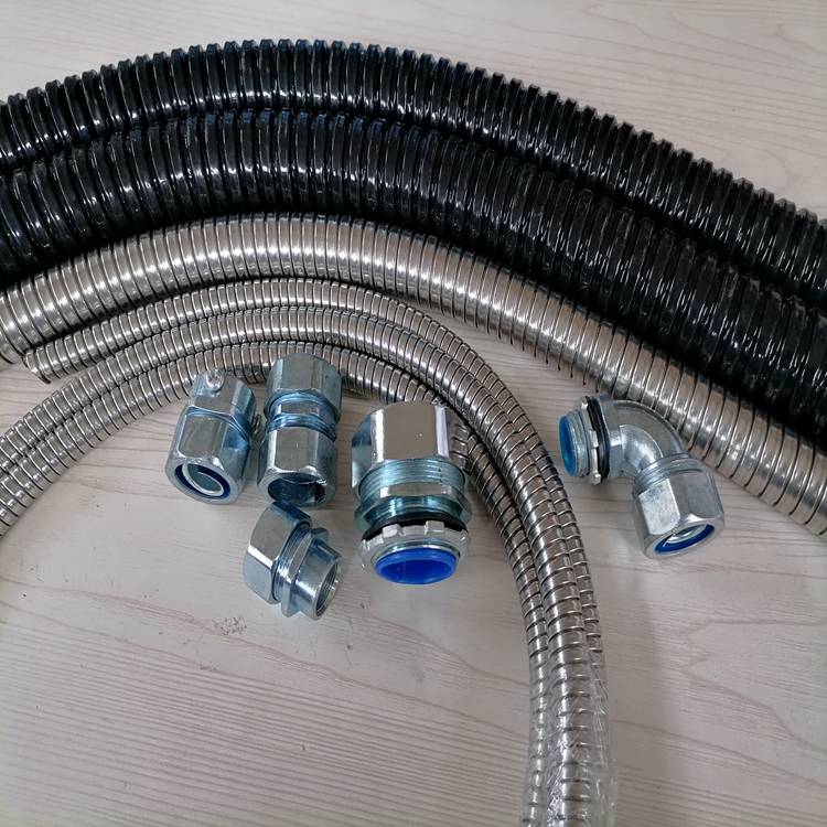 包塑金属波纹软管 黑色-灰色PVC披覆单扣护线蛇形管