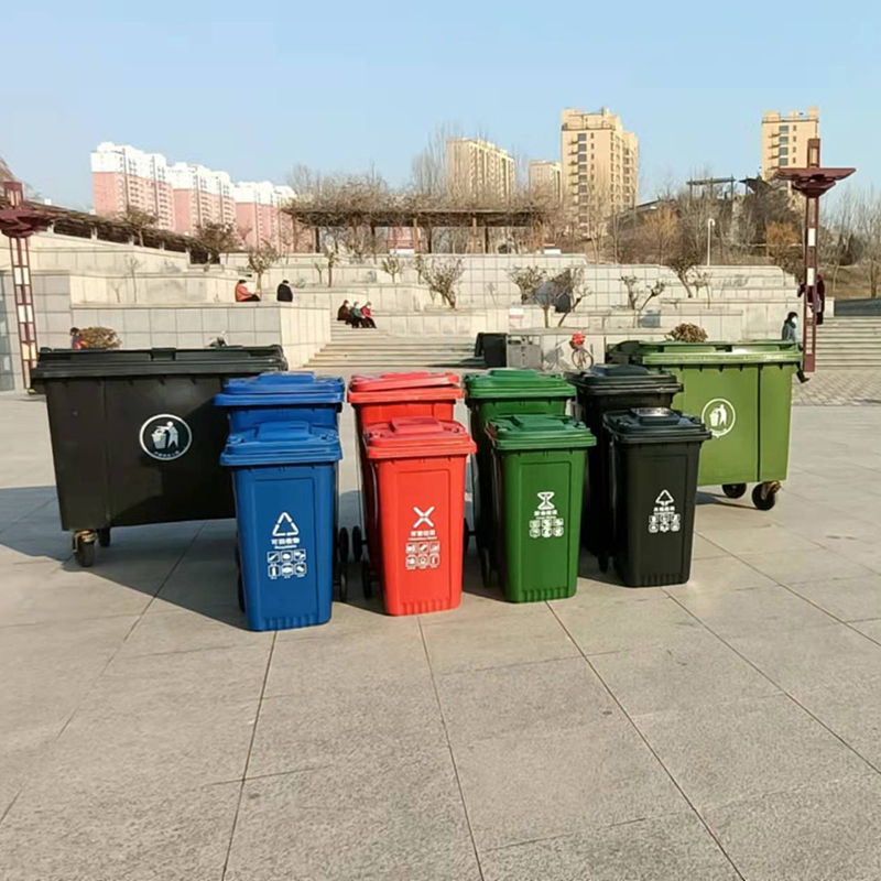 绿色挂车塑料垃圾桶厂家 可印标志 保定蓝色铁质垃圾桶