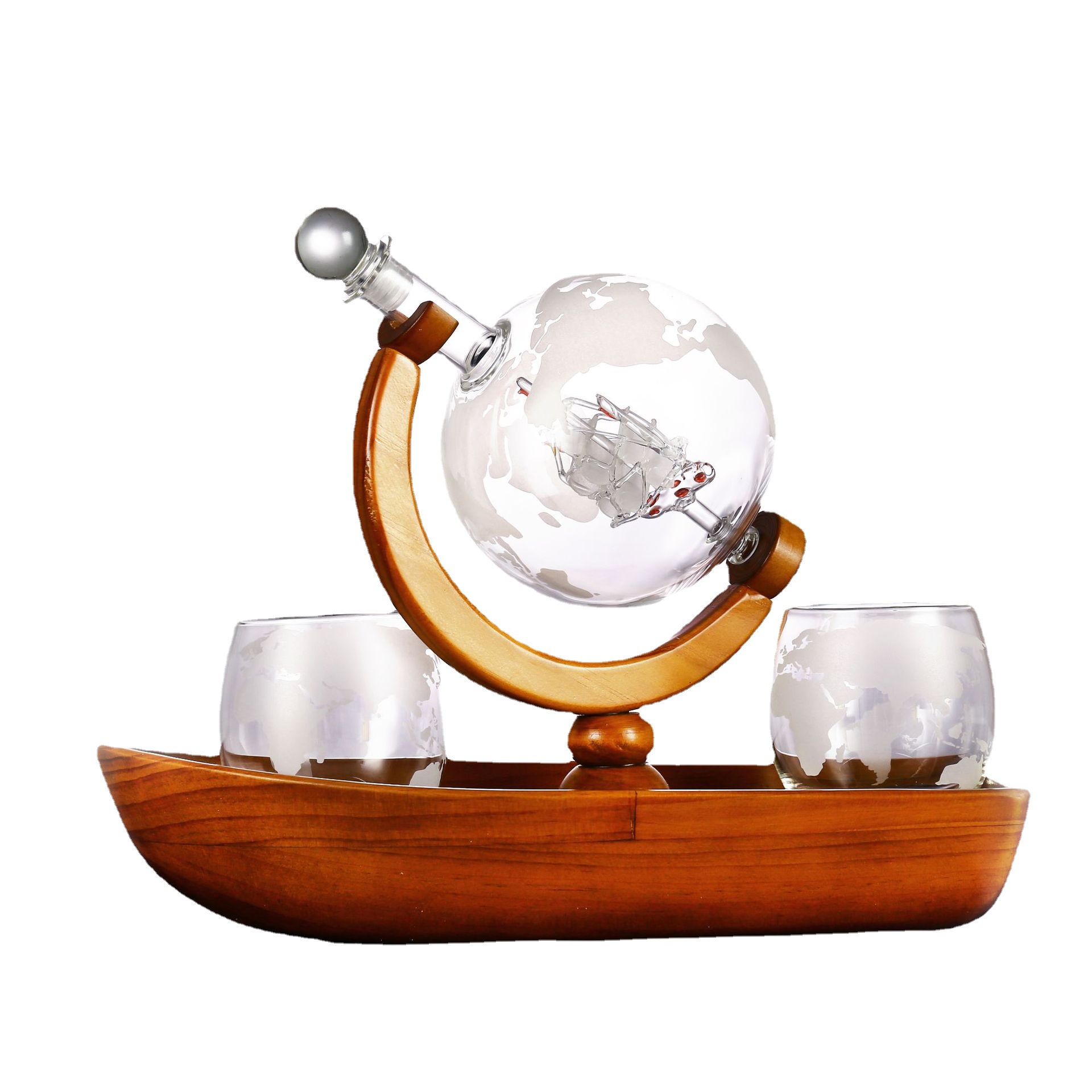 河间华企生产异形船型地球仪醒酒器套装欧式精美工艺玻璃容器