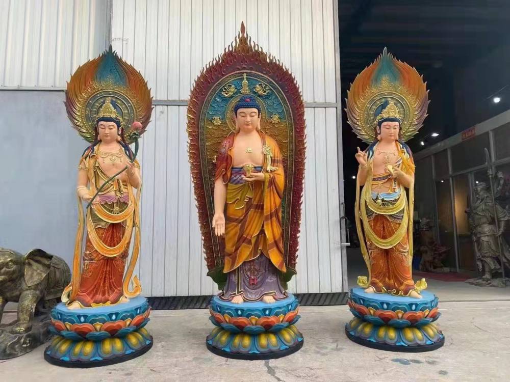 厂家定做大型佛像；西方三圣，观音菩萨，树脂玻璃钢鎏金佛像 生产加工