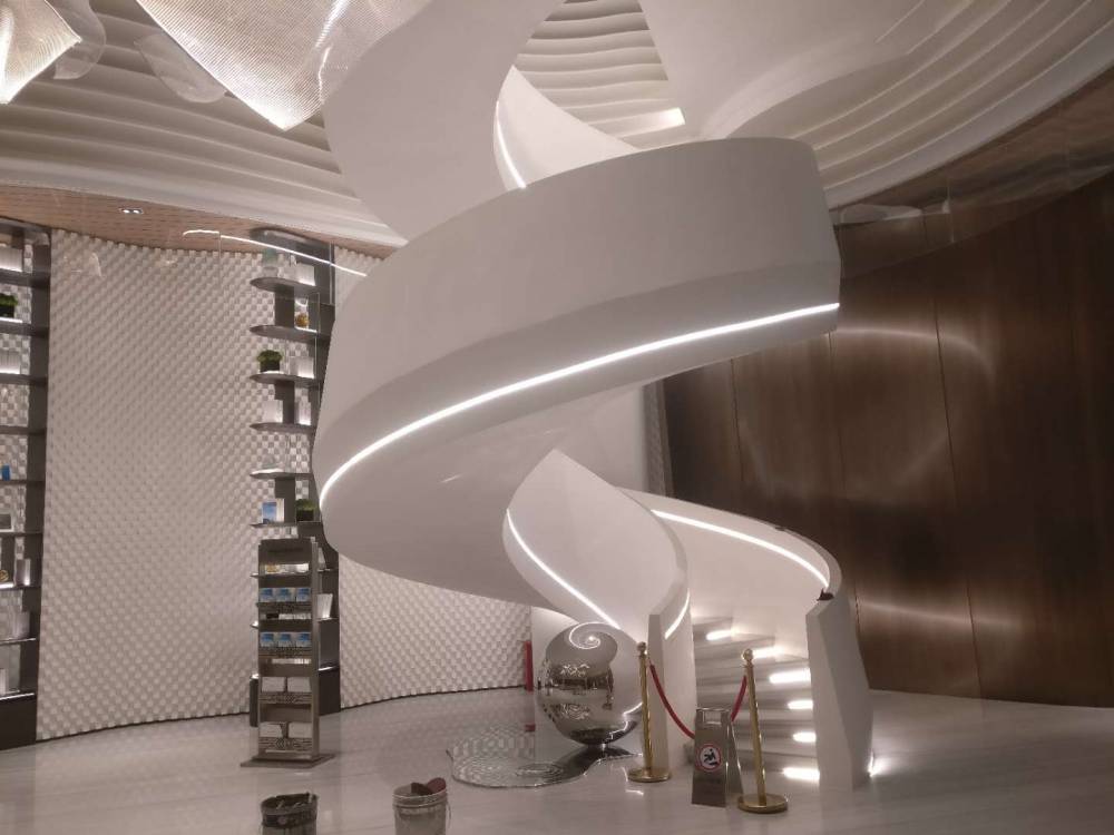 广州深圳珠海杜邦可丽耐国产纯亚克力人造石扶梯旋转楼梯现场热弯加工安装