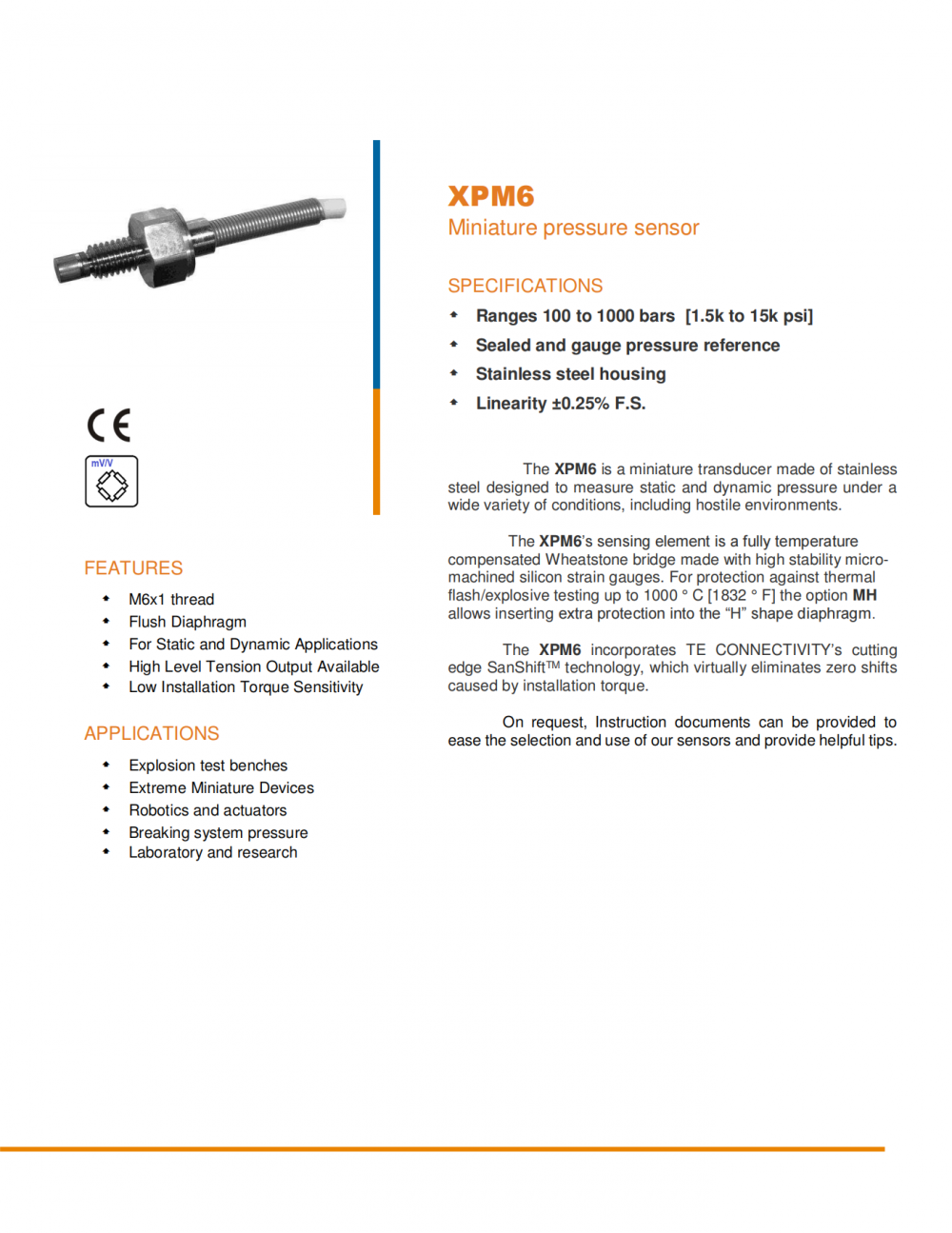 MEAS XPM6高动态压力传感器采用SanShift技术消除了安装扭矩引起的零点漂移