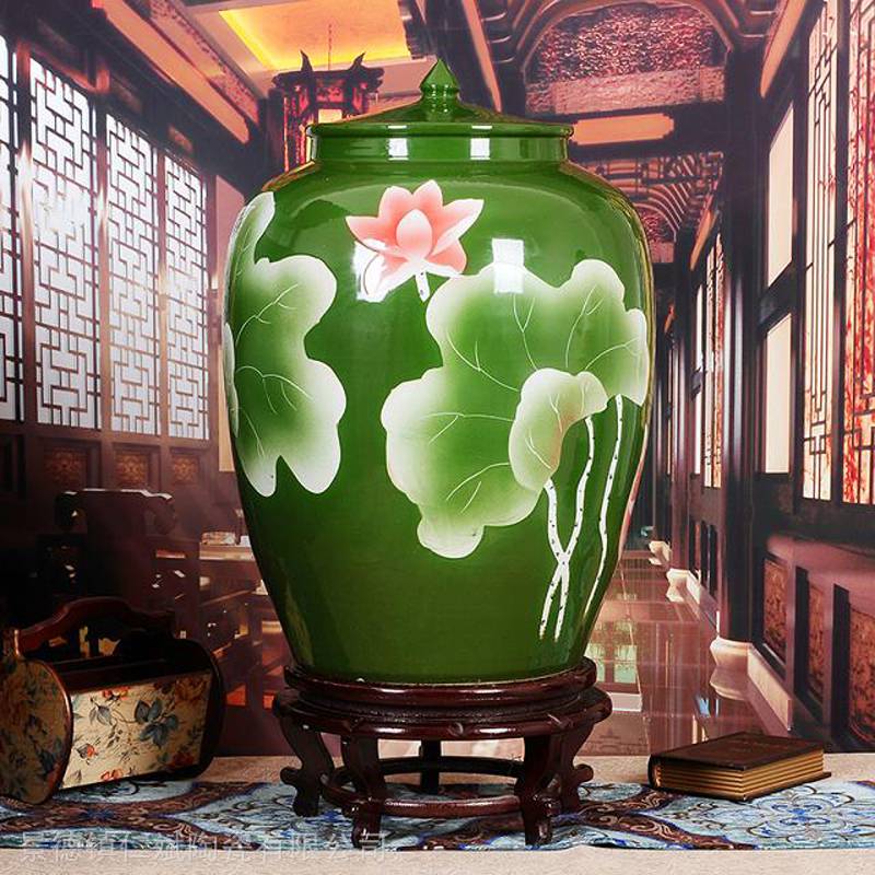 沈阳高温绿釉雕刻50斤100斤装米缸 陶瓷水缸防潮米桶 茶叶罐