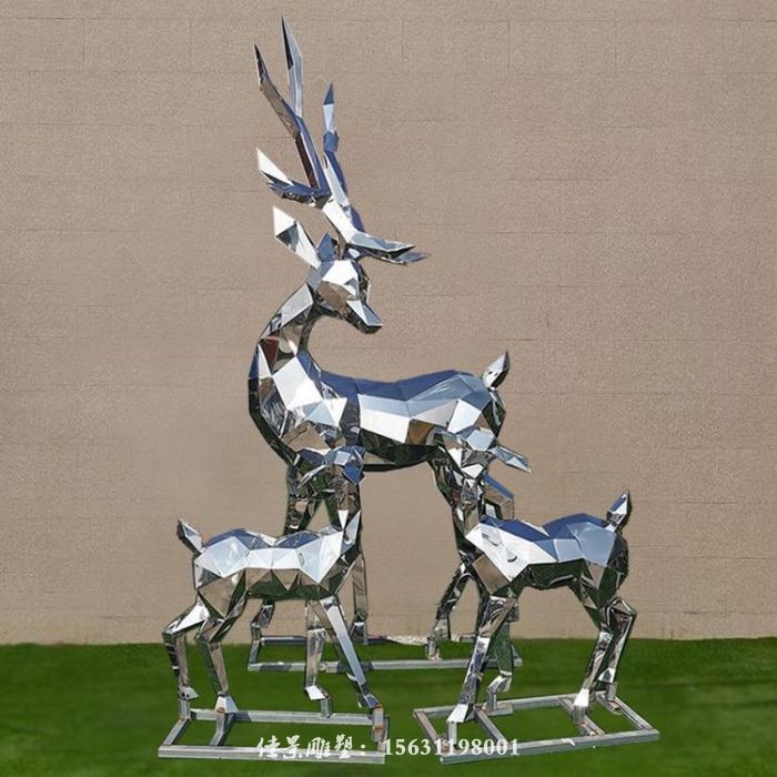 定制不銹鋼幾何母子鹿雕塑結構,不銹鋼梅花鹿