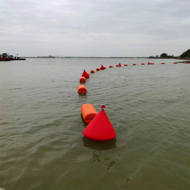 橙红色河道口拦船警示带浮筒安装