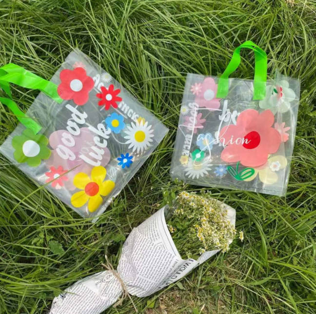 花朵ins风透明塑料袋 服装店塑料手提袋子 加厚包装购物袋