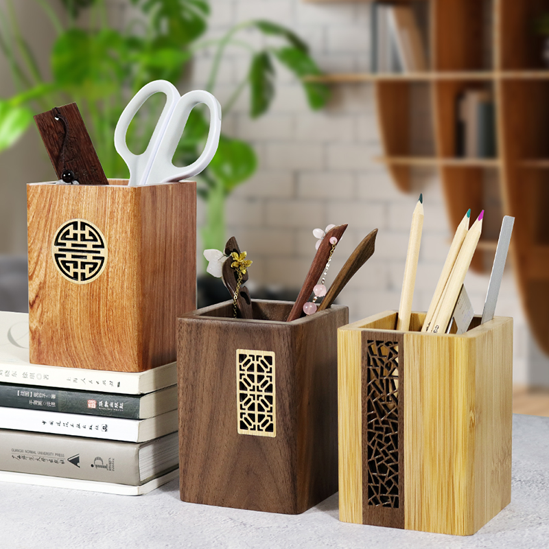 实木笔筒学生办公室桌面收纳盒创意多功能大容量书桌用品原木复古中国风笔桶