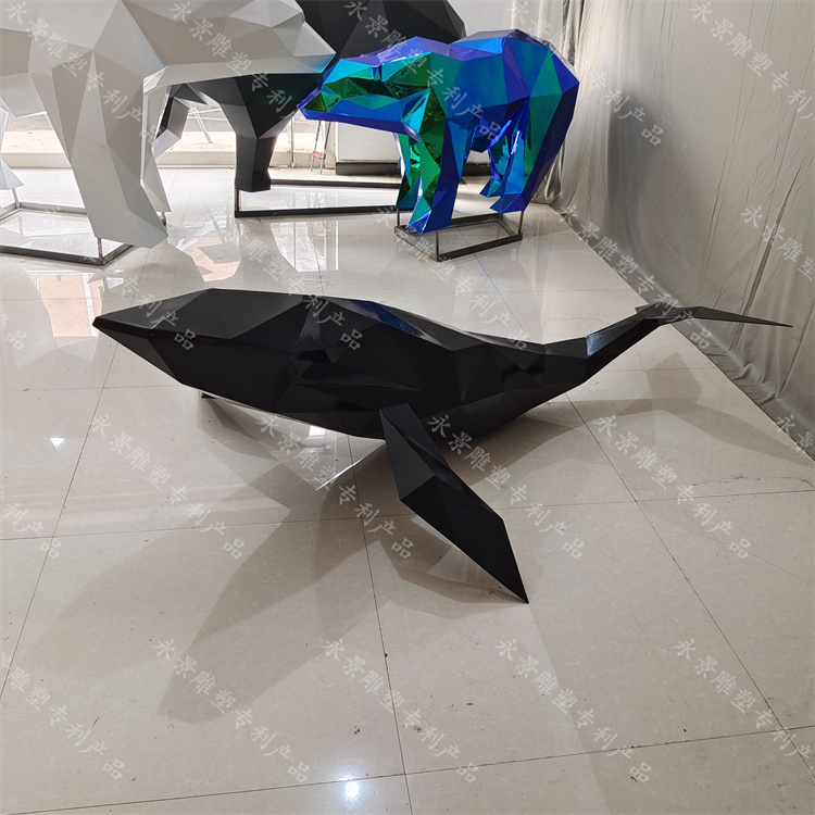 不锈钢几何鲸鱼雕塑制作厂家 块面切面海洋动物水景摆件 永景