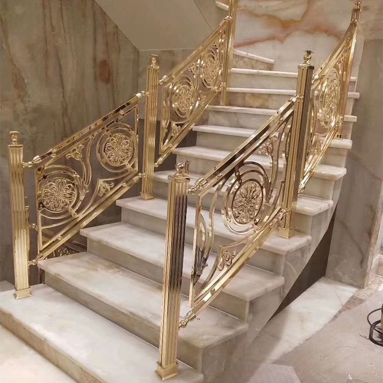 室内楼梯电镀玫瑰金栏杆 金属铝艺雕花楼梯护栏装饰