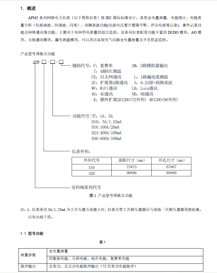 安科瑞APM520/K高精度全电量网络电能表电网供电质量综合监 控表