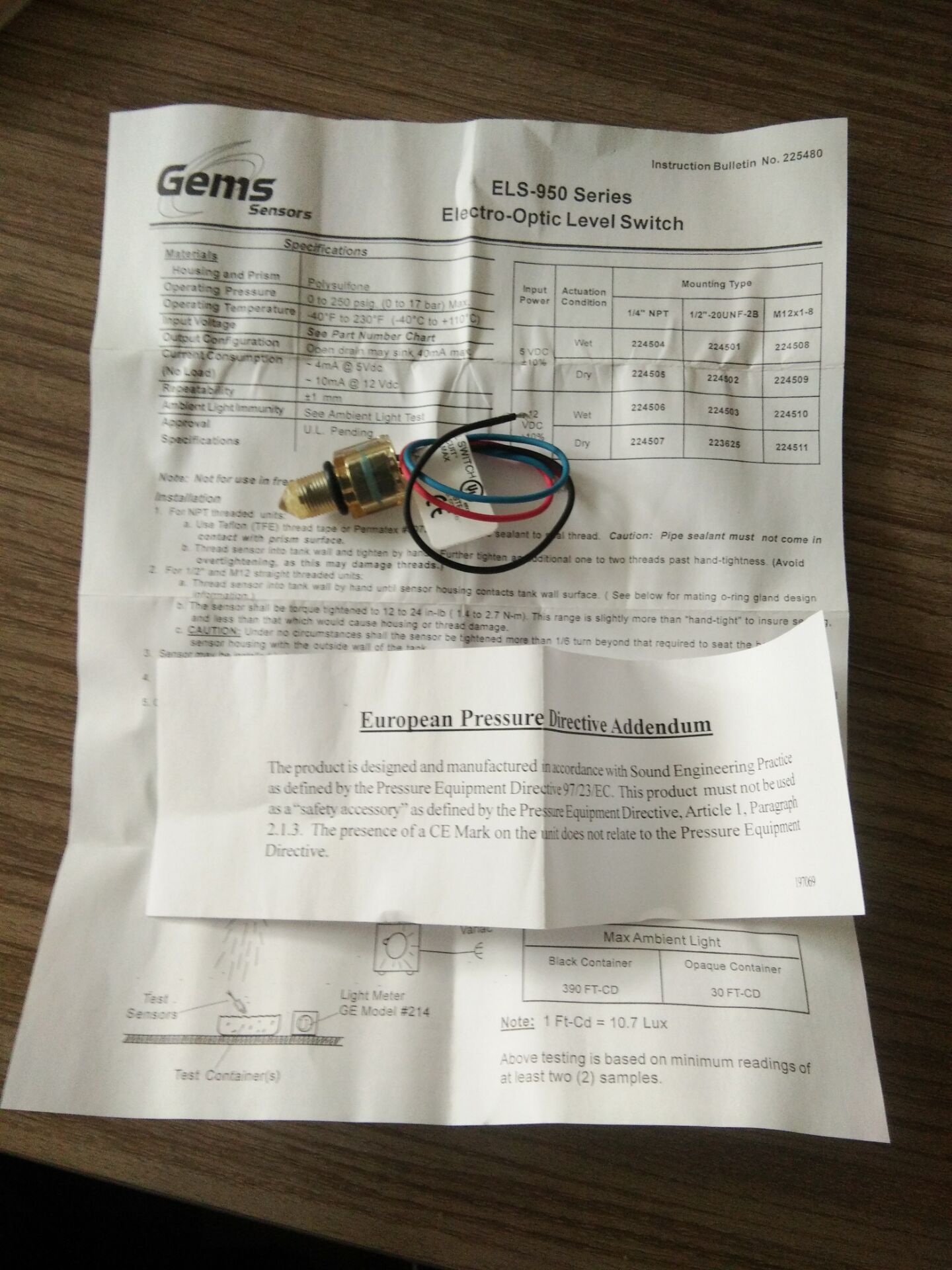 GEMS捷迈ELS-950光电液位传感器ELS-950常用型号
