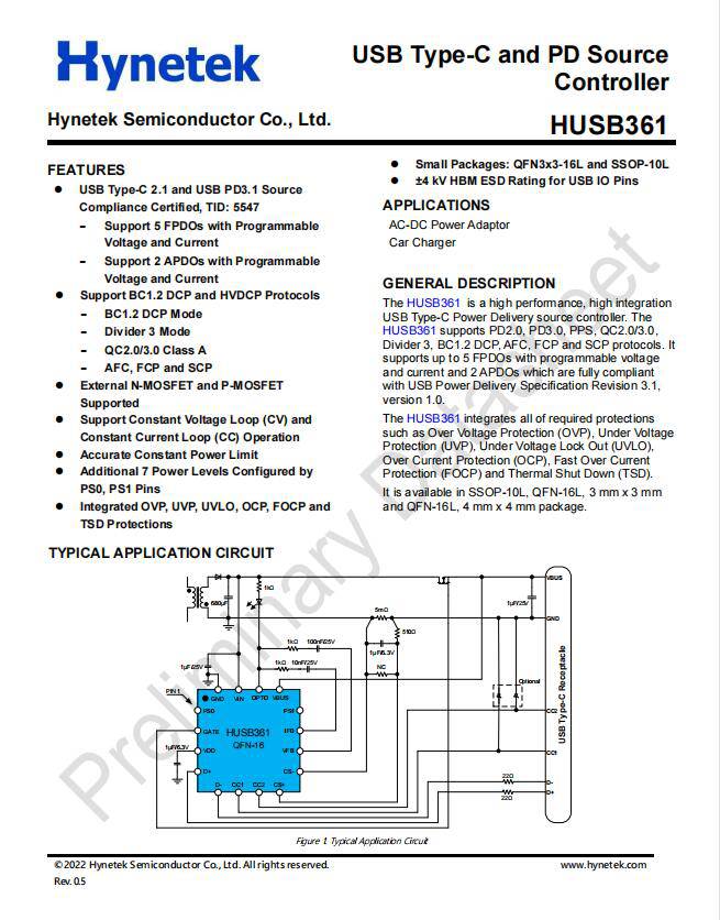 慧能泰HUSB361是一款PD3.1协议的快充芯片支持15W-65W输出