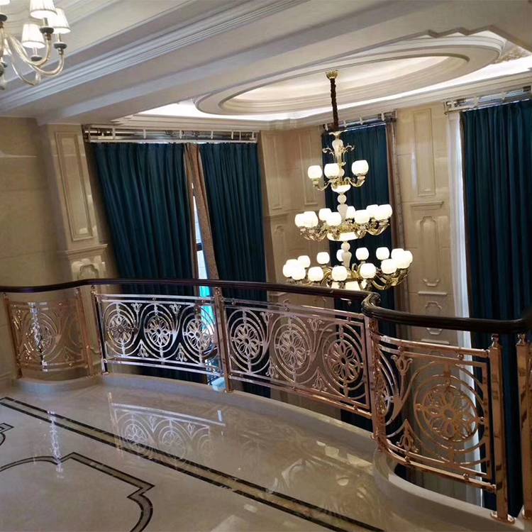 欧式平式拉丝铝雕花楼梯护栏展示 溢升别墅工程案例