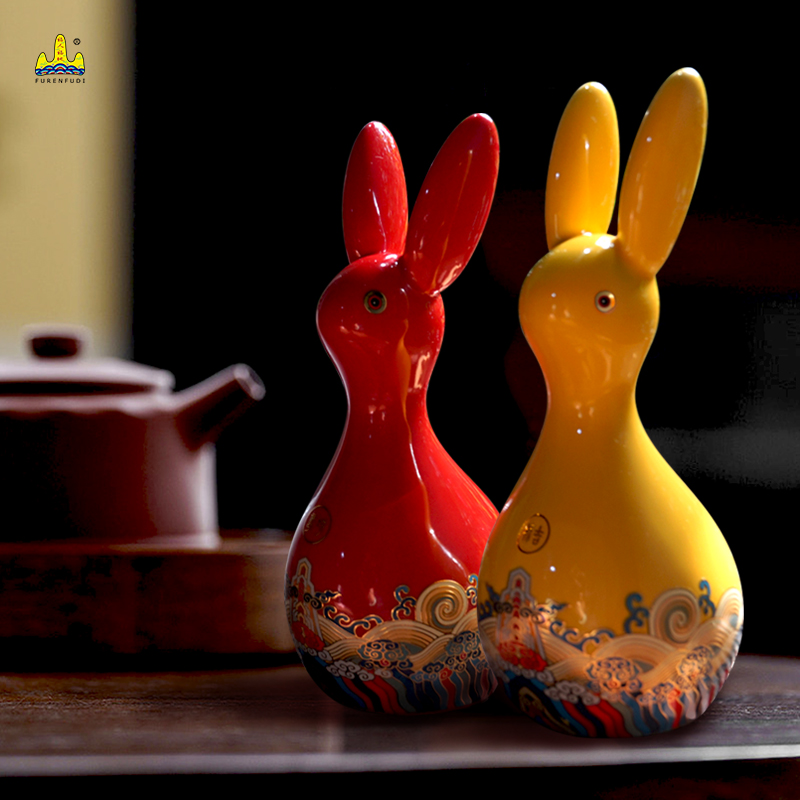 室内家具书架办公桌子中式客厅装饰陶瓷兔子摆件家居饰品可爱卡通