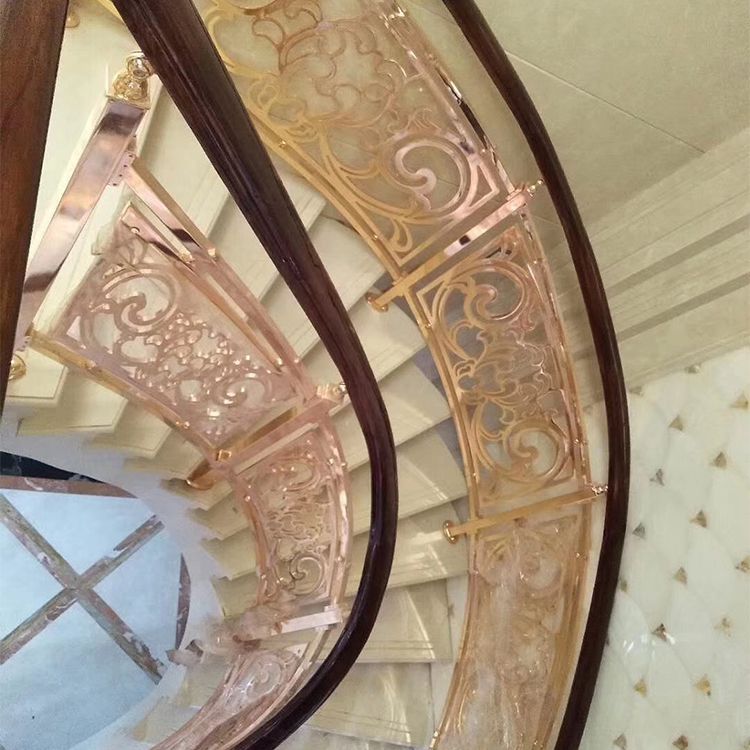 室内铝板楼梯装饰 精雕郁金香图案设计防古铜栏杆安装