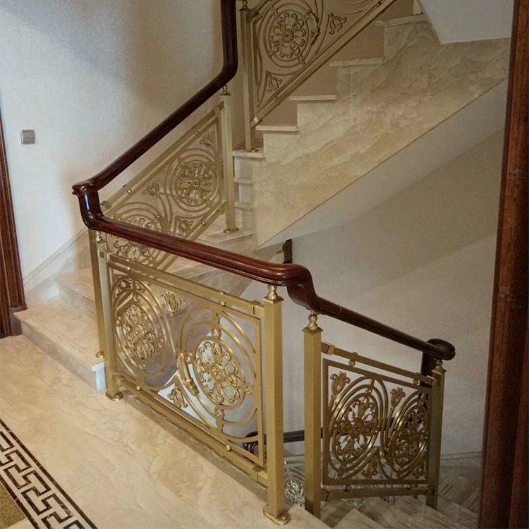 室内铝板楼梯装饰 精雕郁金香图案设计防古铜栏杆安装