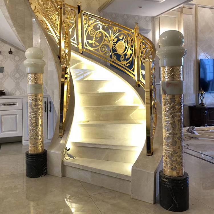 美式设计黑钛金边铜楼梯扶手安装 民族特色风格