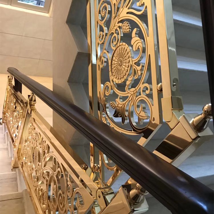 新中式设计装饰别墅楼梯护栏 使用红古铜铝艺雕花栏杆扶手