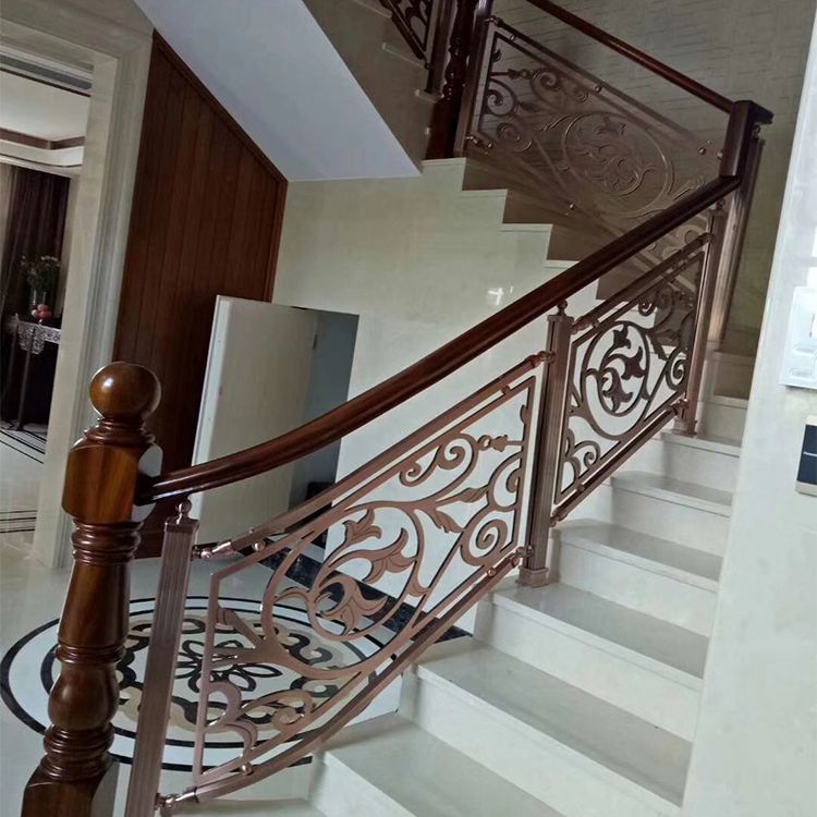 别墅安装欧式铜板雕花楼梯栏杆扶手 现代金属镀金围栏